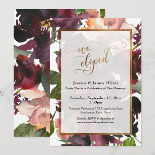 Convites Nós Fugimos para Casar Rótulo Dourado, Floral Verm