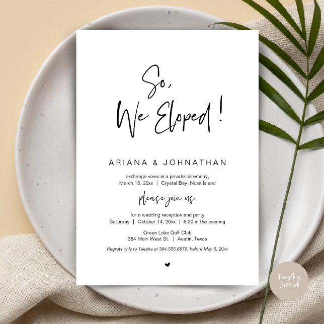 Convites Nós Fugimos, Preto, Casamento Furtivo (So, We Eloped, Modern Wedding Elopement Dinner Invitation Card, PDF, in Black and White)