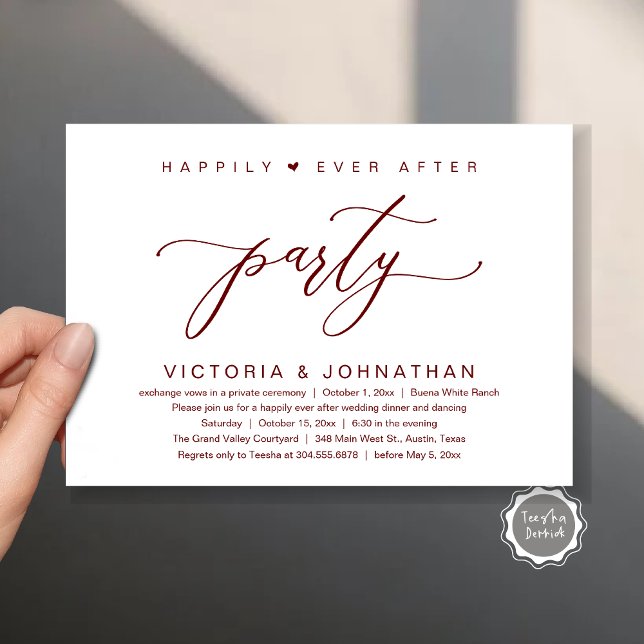 Convites Nós Ligamos O Nó, Festa De Janto De Elopemento De  (Happily Ever After Party Wedding Elopement Dinner Invitation Card PDF Romantic Burgundy Wine Red)