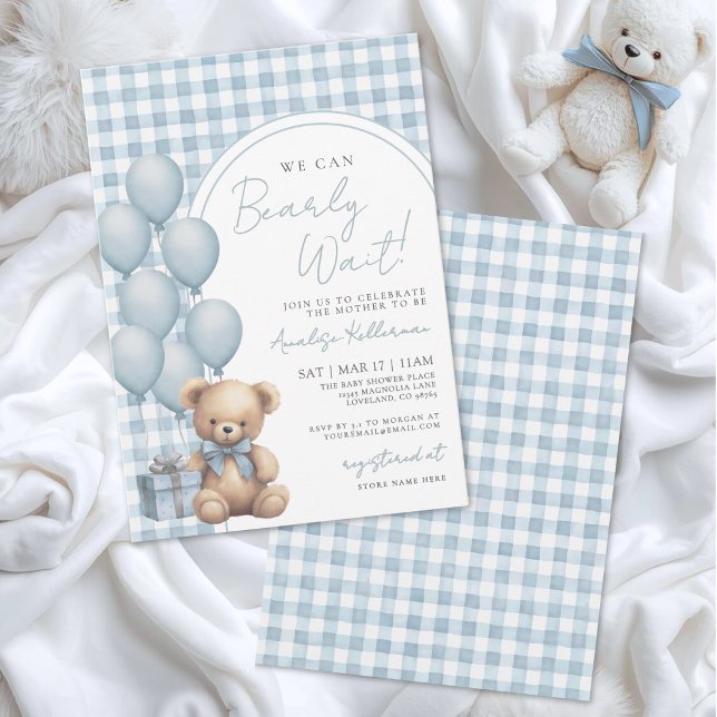 Convites Nós Mal Podemos Esperar Boy Blue Bear Chás de Bebê (We Can Bearly Wait Boy Blue Bear Baby Shower Invitation)