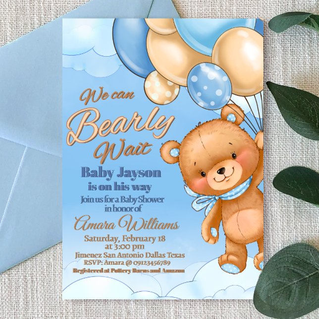 Convites Nós Mal Podemos Esperar - Chá de Bebê Masculino (We Can Bearly Wait - Boy Baby Shower Invitation)