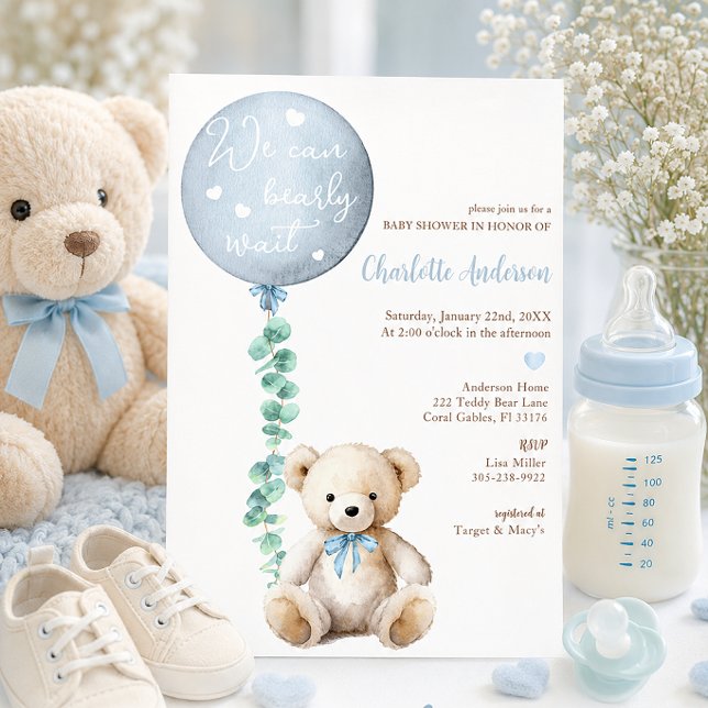 Convites Nós Mal Podemos Esperar Chá de Bebê Urso Eucalipto (Bearly Wait Invite)