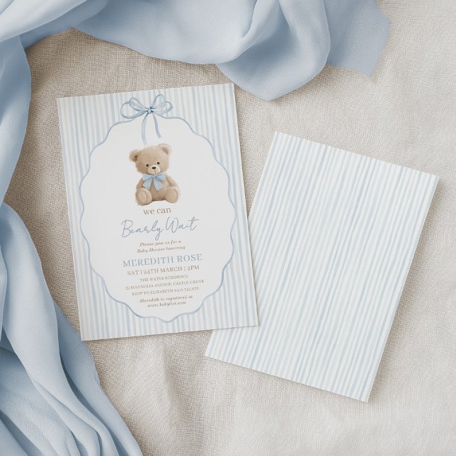 Convites Nós Mal Podemos Esperar Chuvinha de Bebê Menino Li (We Can Bearly Wait! Baby Shower invitation with cute bear and blue stripes)