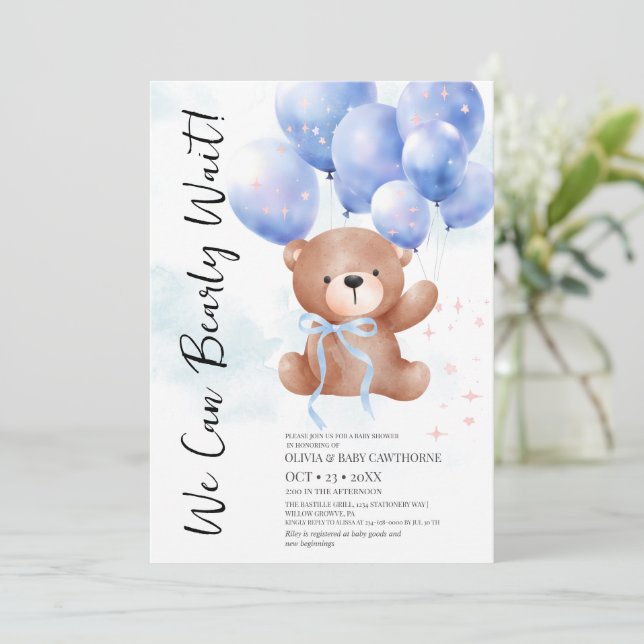 Convites Nós Mal Podemos Esperar Menino Urso de Pelúcia Chá (Em pé/Frente)
