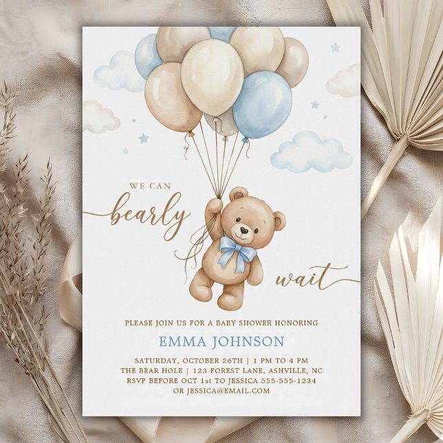 Convites Nós Mal Podemos Esperar Urso de Pelúcia Balão Chur (We Can Bearly Wait Teddy Bear Balloon Baby Shower Invitation)