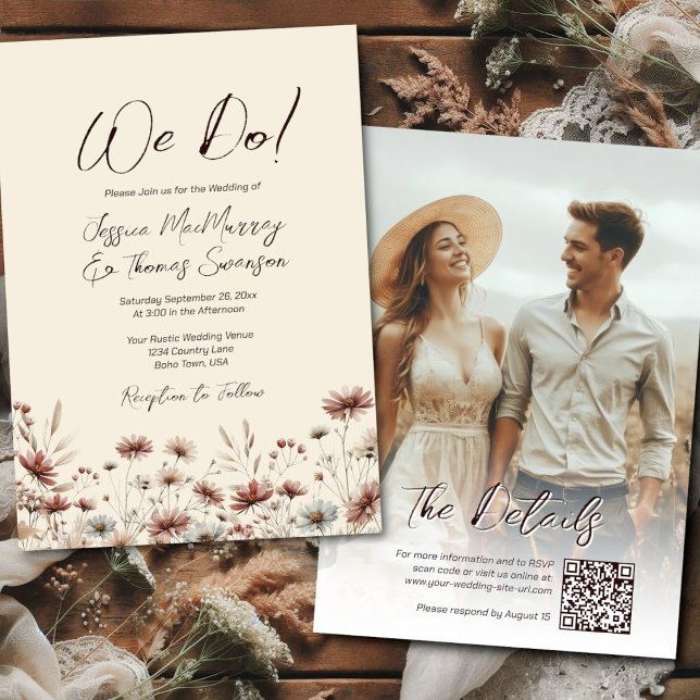 Convites Nós Nos Casamos! Casamento Rústico Boho com Foto e (Front/Back)