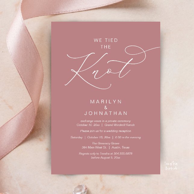 Convites Nós nos casamos, Jantar de Recepção de Fuga (We tied the knot, Romantic Wedding Elopement Reception Dinner Invitation Card in Dusty Rose Pink)