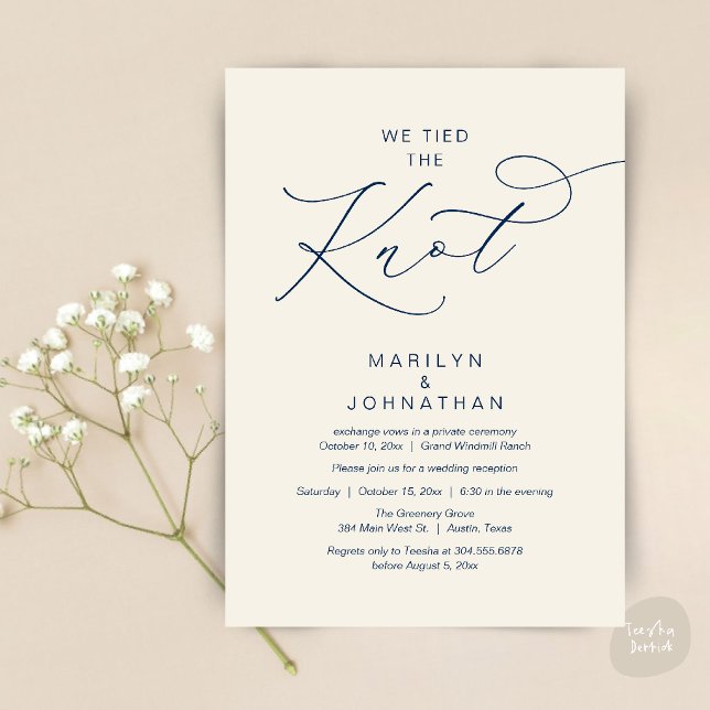 Convites Nós nos casamos, Jantar de Recepção de Fuga (We tied the knot, Romantic Wedding Elopement Reception Dinner Invitation Card in Navy Blue Ivory)