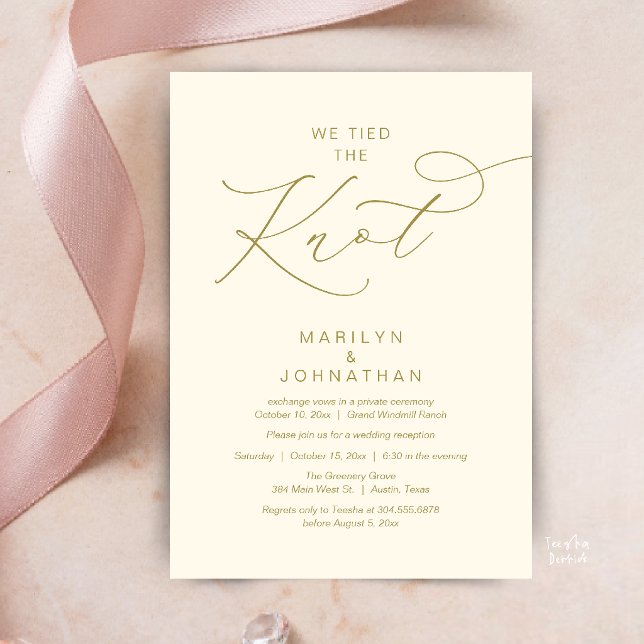 Convites Nós nos casamos, Jantar de Recepção de Fuga (We tied the knot, Romantic Wedding Elopement Reception Dinner Invitation Card in Yellow Cream Gold)