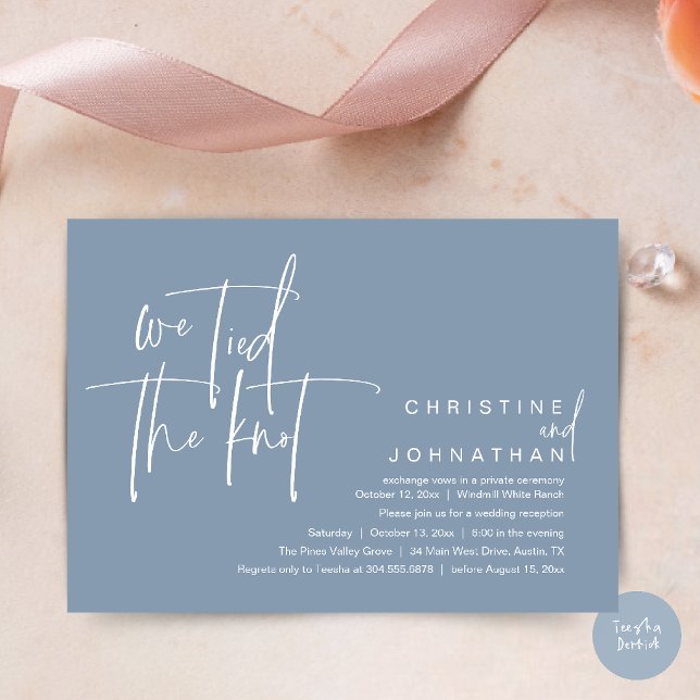 Convites Nós nos casamos, Recepção de casamento moderno (We tied the knot, Modern wedding reception dinner party Invitation card in dusty blue)
