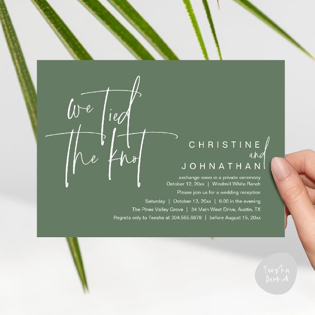 Convites Nós nos casamos, Recepção de casamento moderno (We tied the knot, Modern wedding reception dinner party Invitation card in forest sage green)