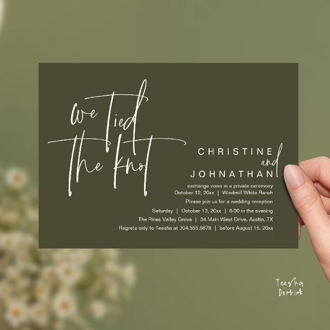 Convites Nós nos casamos, Recepção de casamento moderno (We tied the knot, Modern wedding reception dinner party Invitation card in olive green)