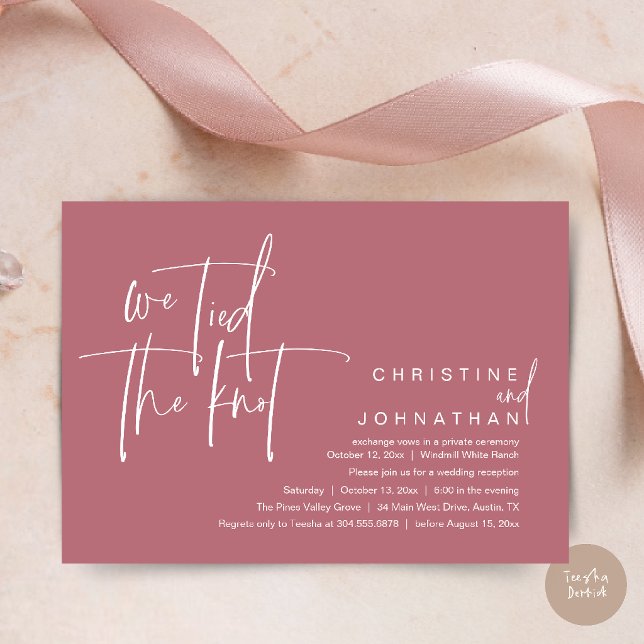 Convites Nós nos casamos, Recepção de casamento moderno (We tied the knot, Modern wedding reception dinner party Invitation card in dusty rose)