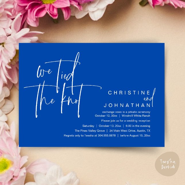 Convites Nós nos casamos, Recepção de casamento moderno (We tied the knot, Modern wedding reception dinner party Invitation card in cobalt blue)