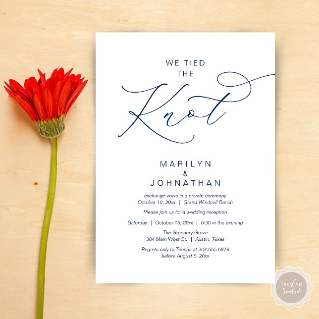 Convites Nós nos casamos, Recepção de Jantar para Fugitivos (We tied the knot, Romantic Wedding Elopement Reception Dinner Invitation Card in Navy Blue)