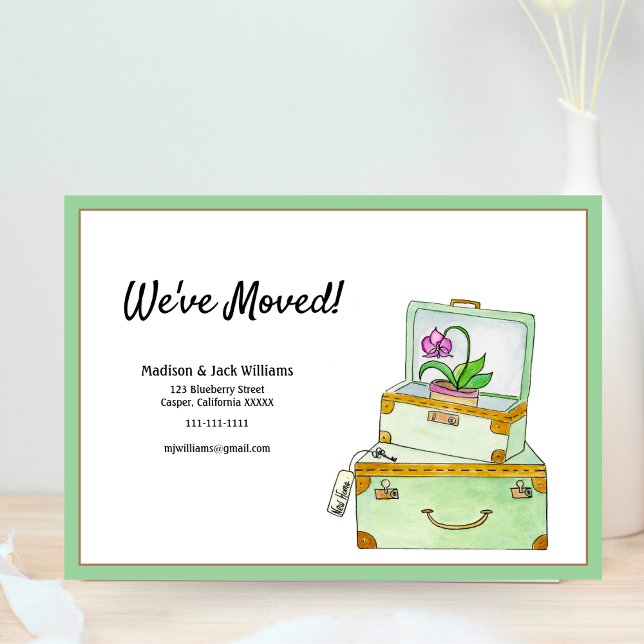 Convites Nós nos mudamos! Bagagem de Aquarela e Orquídea (Charming and whimsical way to share the big moving announcement. )
