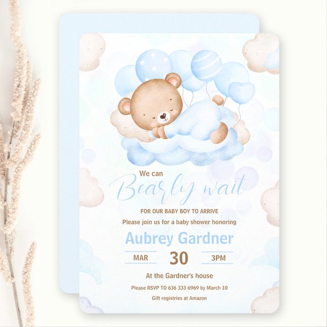 Convites Nós Podemos Esperar Chá de fraldas De Urso Azul (We Can Bearly Wait Boy Blue Bear Baby Shower Invitation)