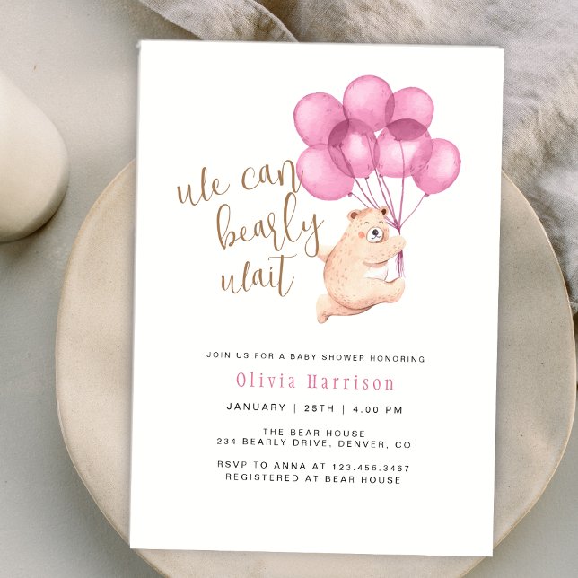Convites Nós Podemos Esperar Urso Rosa Chá de fraldas De Ba (We Can Bearly Wait Bear Pink Balloon Baby Shower Invitation)