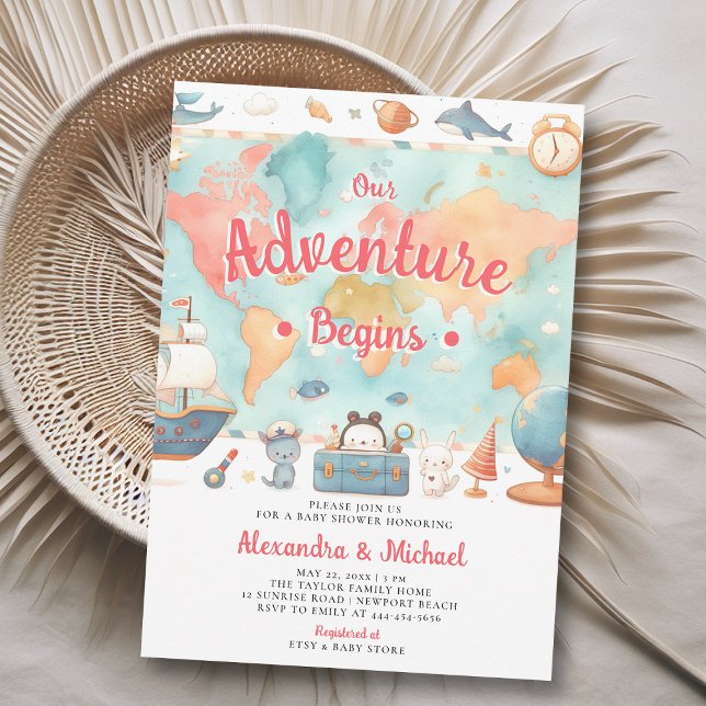 Convites Nossa Aventura Começa O Chá de fraldas Da Rapariga (our adventure begins girl baby shower invitation cute world map watercolor cute adorable boat animal)