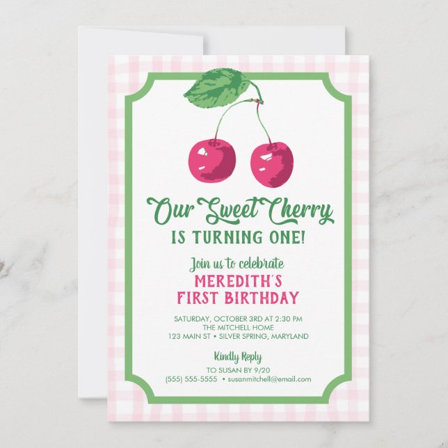 Convites "Nossa doce cereja", aniversário rosa e verde (Frente)