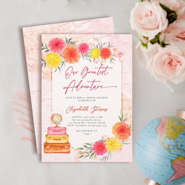 Convites Nossa Grande Aventura Zinnia Bright Bridal Floral (travel bridal shower invitation floral watercolor world map suitcase hot pink orange yellow tropical)
