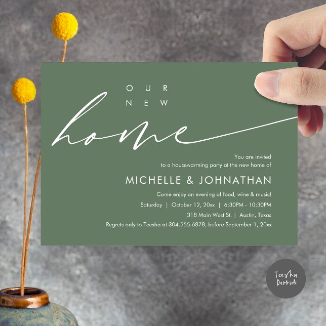Convites Nossa Nova Casa, Comemoração do Partido do Aquecim (Our New Home, Housewarming Party Celebration Card, PDF, Modern Minimalist Script, in Sage Green)