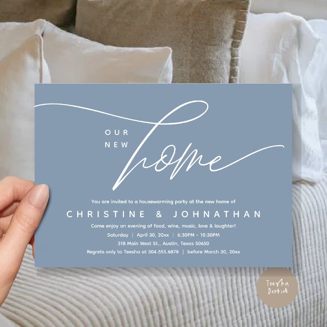 Convites Nossa Nova Casa, Festa Adorável De Aquecimento Dom (Our New Home, Cozy Lovely Housewarming Party Invitation Card, PDF, Dusty Blue)