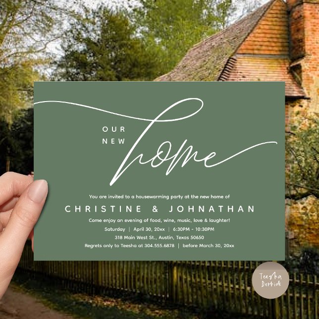 Convites Nossa Nova Casa, Festa Adorável De Aquecimento Dom (Our New Home, Cozy Lovely Housewarming Party Invitation Card, PDF, Forest Sage Green)