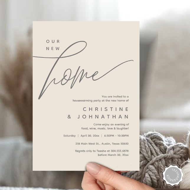 Convites Nossa Nova Casa, Festa Adorável De Aquecimento Dom (Our New Home, Cozy Lovely Housewarming Party Invitation Card, PDF, Portrait, Cream Grey)