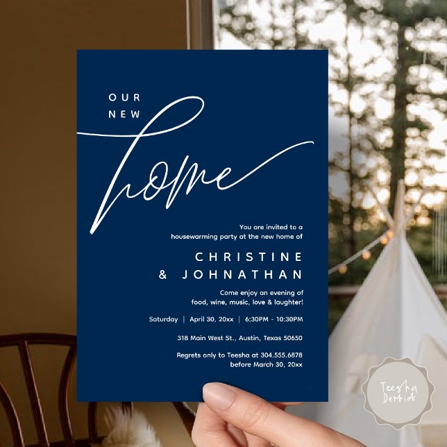 Convites Nossa Nova Casa, Festa Adorável De Aquecimento Dom (Our New Home, Cozy Lovely Housewarming Party Invitation Card, PDF, Portrait, Navy Blue)