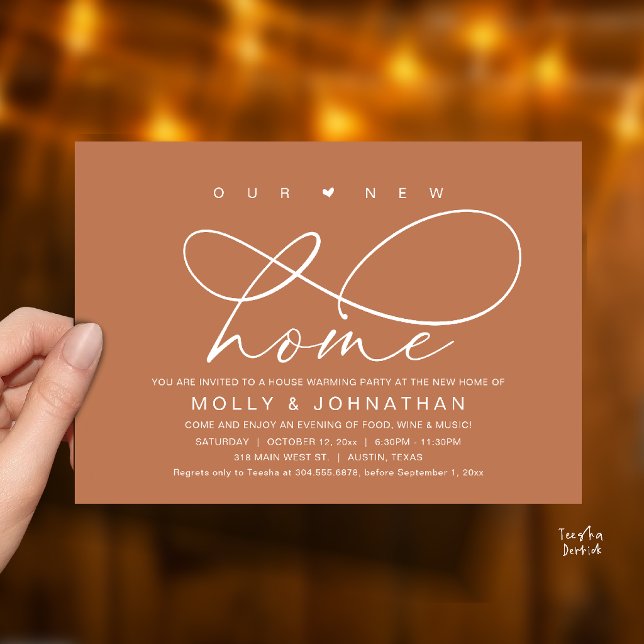 Convites Nossa Nova Casa, Festa de Aquecimento Moderno e El (Our New Home, Modern Elegant Housewarming party Invitation Card in Terracotta Brown Copper)