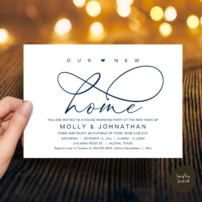 Convites Nossa Nova Casa, Festa de Aquecimento Moderno e El (Our New Home, Modern Elegant Housewarming party Invitation Card in Navy Blue)