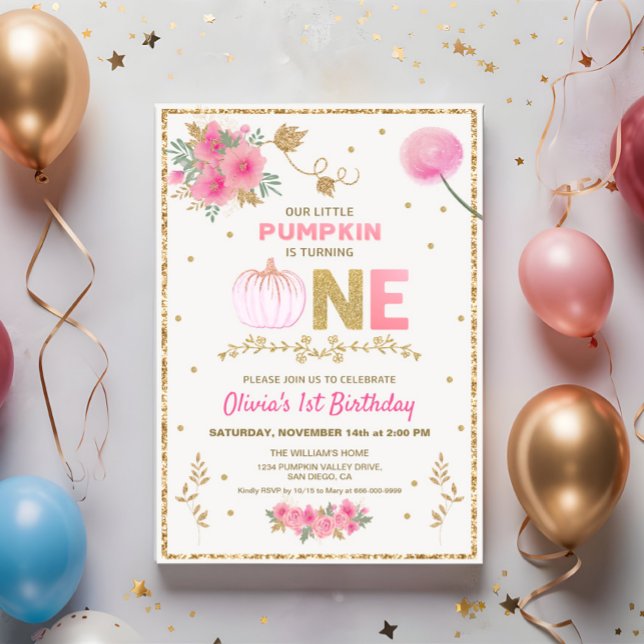 Convites Nossa Pequena Abóbora Rosa e Dourada Festa de 1º A (Our little pumpkin girl pink & gold 1st birthday party invitation)