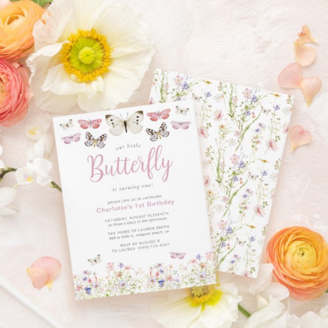 Convites Nossa Pequena Borboleta primeiro aniversario Cor-d (Easily personalize this sweet wildflower butterfly baby's first birthday invite with your details)