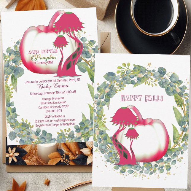 Convites Nossa Pequena Camisola Verde primeiro aniversario  (Our Little Pumpkin Pink 1st Birthday Green Wreath Invitation)