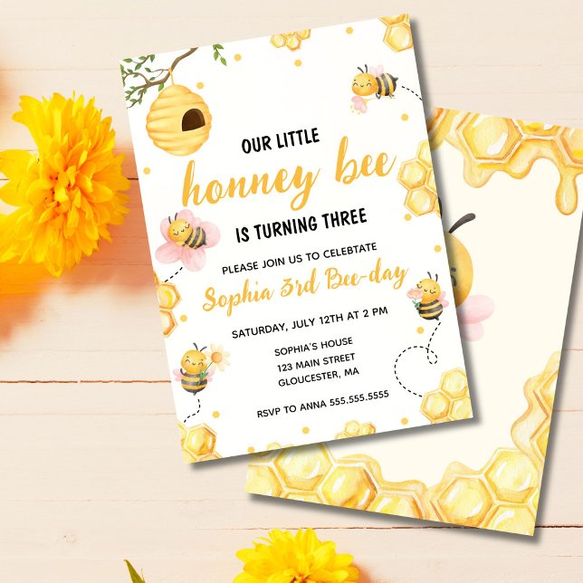 Convites Nossa Pequena Festa de aniversário Floral de Abelh (Cute honey bee birthday invitation perfect for kids’ bee themed party)