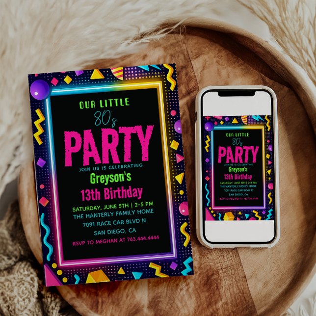 Convites nossa pequena festa de aniversário Retro Neon dos  (our little Retro Neon 80's Birthday Party Invitation
#RetroBirthday #80sBirthdayParty #NeonParty )