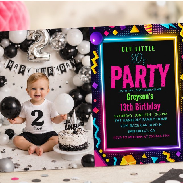 Convites nossa pequena festa de aniversário retrô neon dos  (our little Retro Neon 80's Birthday Party photo Invitation)
