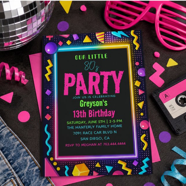 Convites nossa pequena festa de aniversário Retro Neon dos  (our little Retro Neon 80's Birthday Party Invitation)