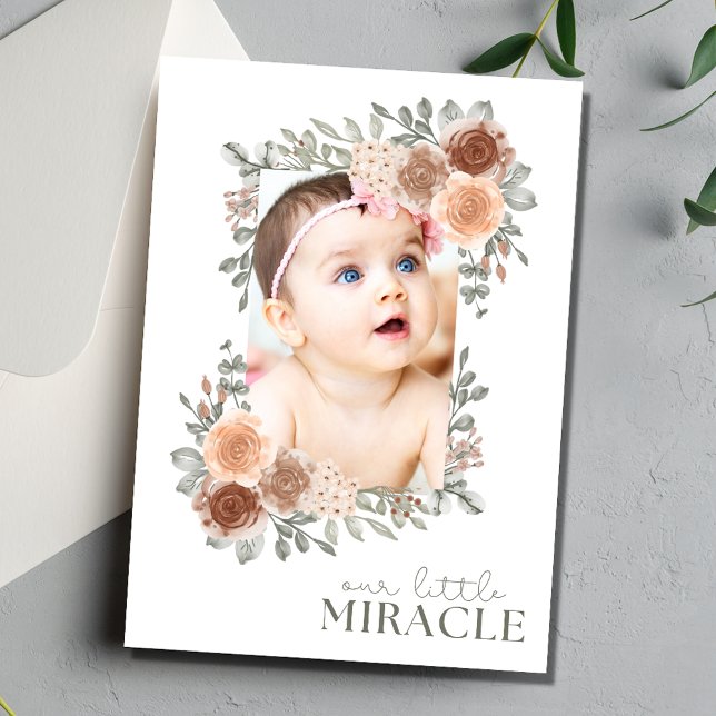 Convites Nossa Pequena Foto do Nascimento da Menina (Cute Floral Our Little Miracle Photo Baby Girl Birth Invitation)