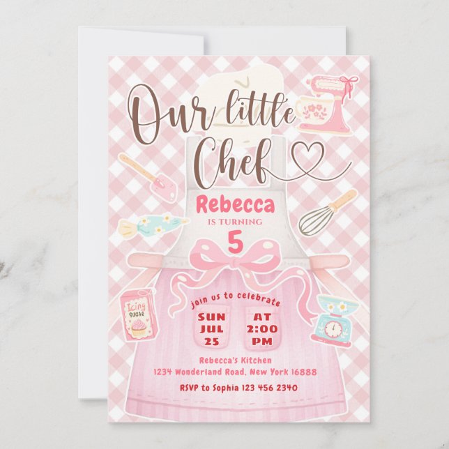 Convites Nossa Pequena Menina Chef Rosa Xadrez de Gingham F (Frente)