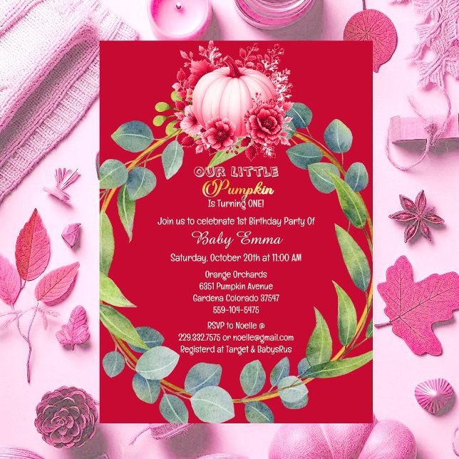 Convites Nossa Pequena primeiro aniversario de Abóbora, Ver (Our Little Pumpkin 1st Birthday Green Wreath Pink Invitation)