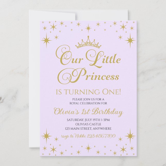 Convites Nossa Pequena Princesa Aniversário Dourado e Lilás (Frente)