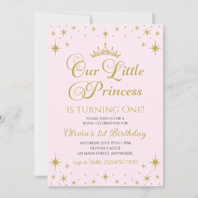 Convites Nossa Pequena Princesa Aniversário Dourado e Rosa (Frente)
