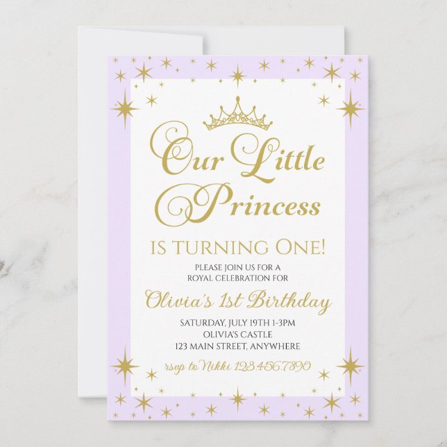 Convites Nossa Pequena Princesa Real Aniversário Dourado e  (Frente)