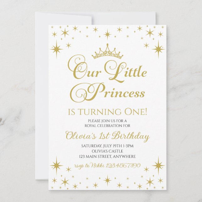 Convites Nossa Pequena Princesa Real Aniversário Dourado e  (Frente)