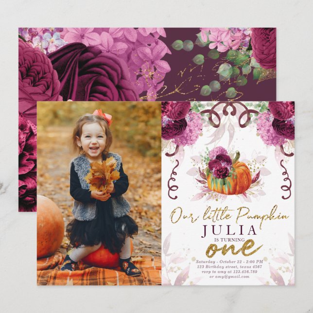 Convites Nossa Pequena Pumpkin Primeiro Aniversário Foto Da (Frente/Verso)