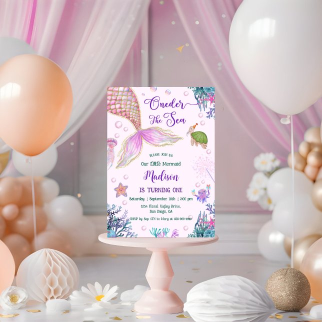 Convites Nossa Pequena Sereia Um primeiro aniversario Do Ma (Oneder the sea 1st birthday party invitation)