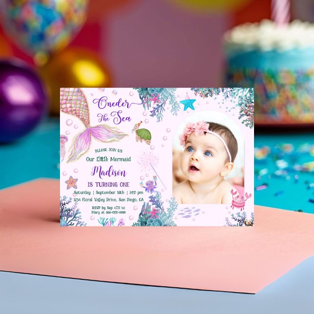 Convites Nossa Pequena Sereia Um primeiro aniversario Do Ma (Oneder the sea Mermaid Girl Birthday Party Invitation)