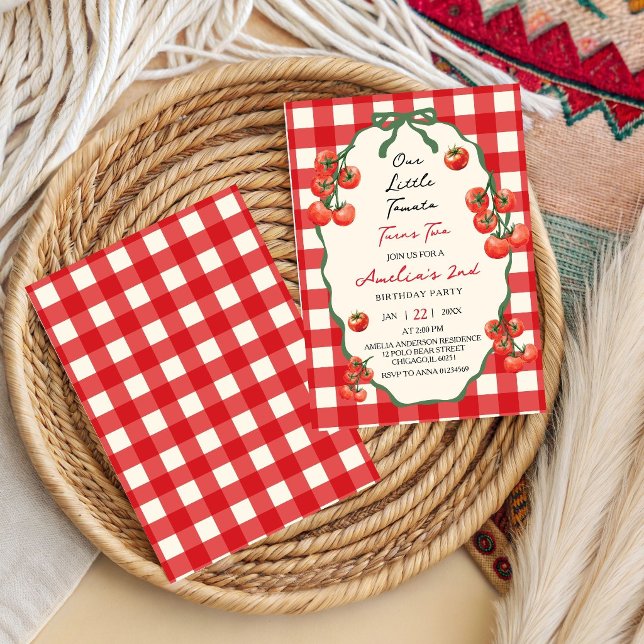 Convites Nossa pequena Tomatinha Vermelha Gingham faz dois  (Criador carregado)